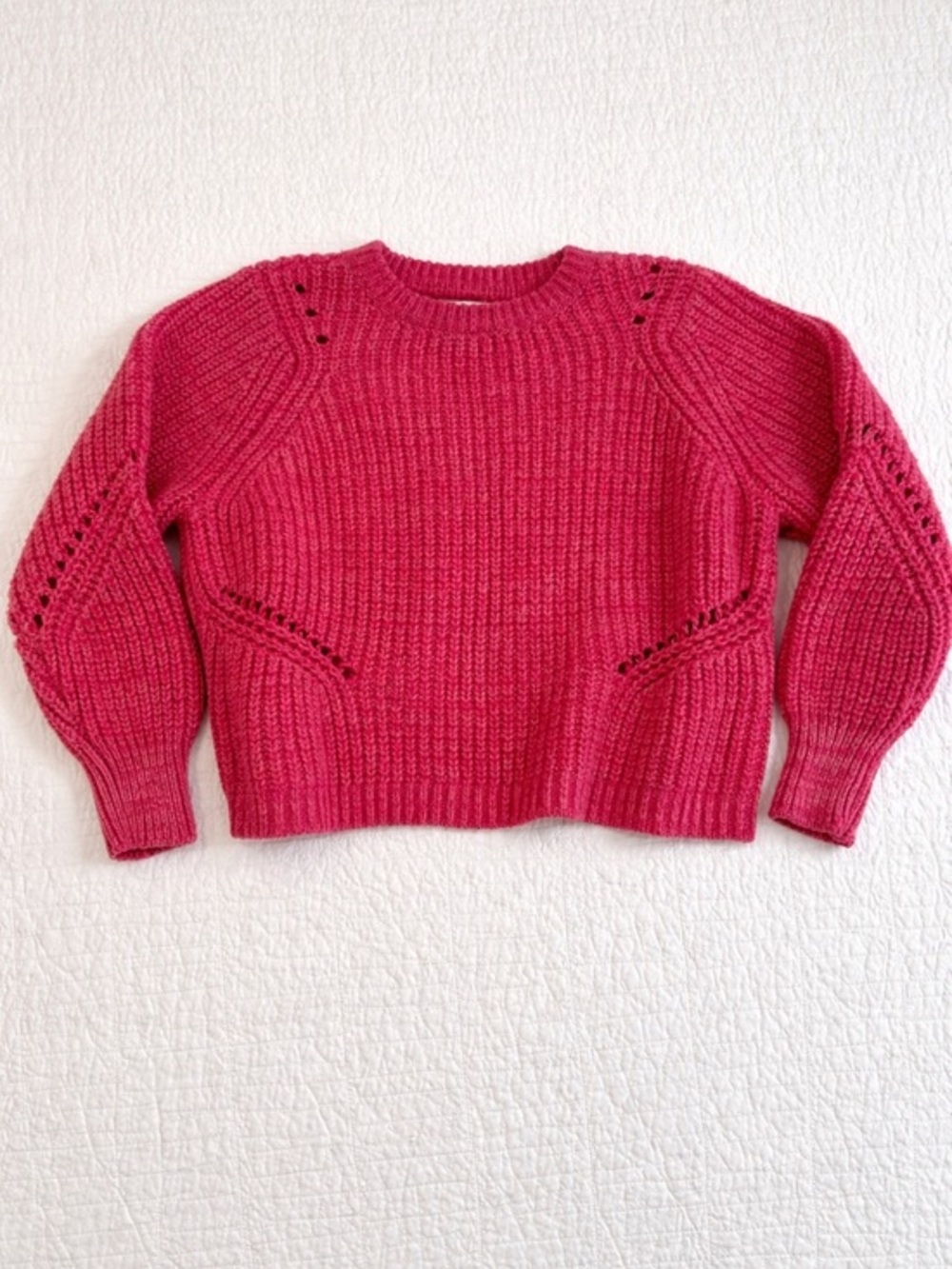 LOFT Petite Medium Pink Chunky Knit Sweater Eyelet Wool Ribbed Cozy Pullover